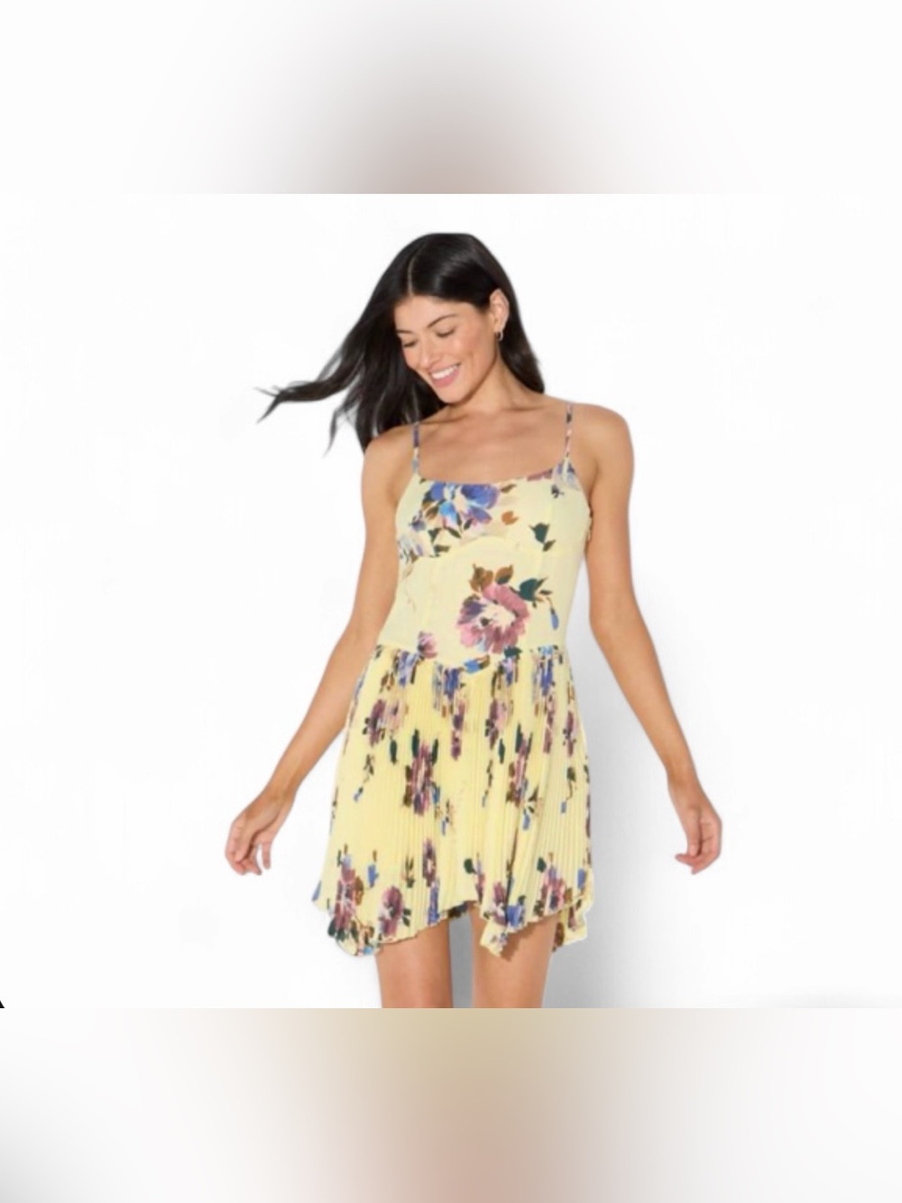 Wild Fable Hankie Hem Yellow floral mini dress with purple and blue flowers, M
